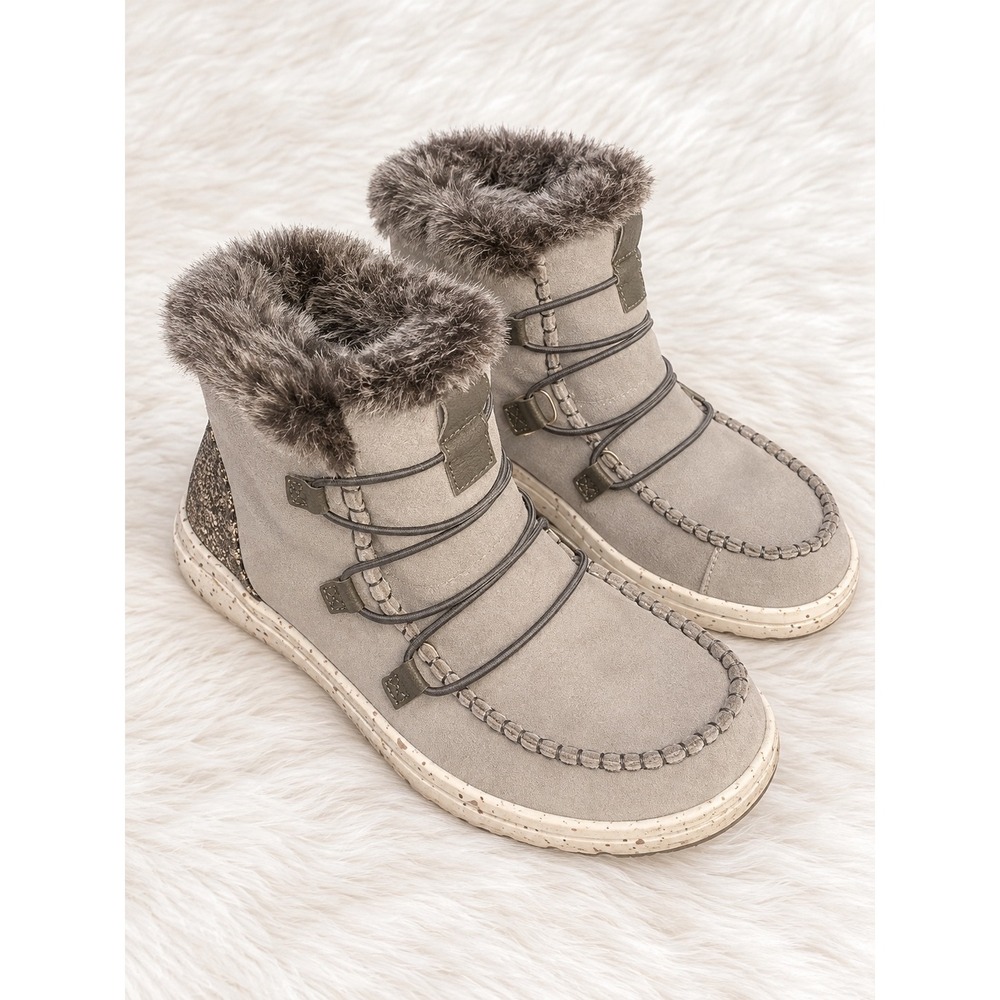 Hey Dude Lea Boots Size 6 Gray Faux Fur Ankle Winter Cozy Casual